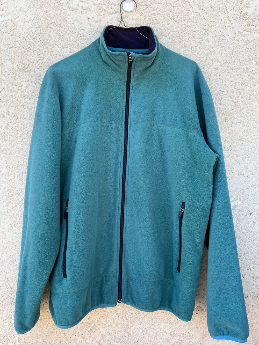 LANDS END MENS TEAL FLEECE JACKET SIZE MEDIUM ZIPPER POCKETS HIGH NECK